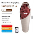Adult mummy-style sleeping bag with goose down filler in multiple colour and weight options.