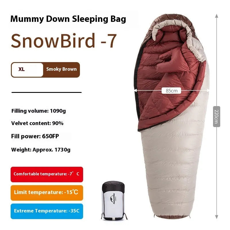 Adult mummy-style sleeping bag with goose down filler in multiple colour and weight options.