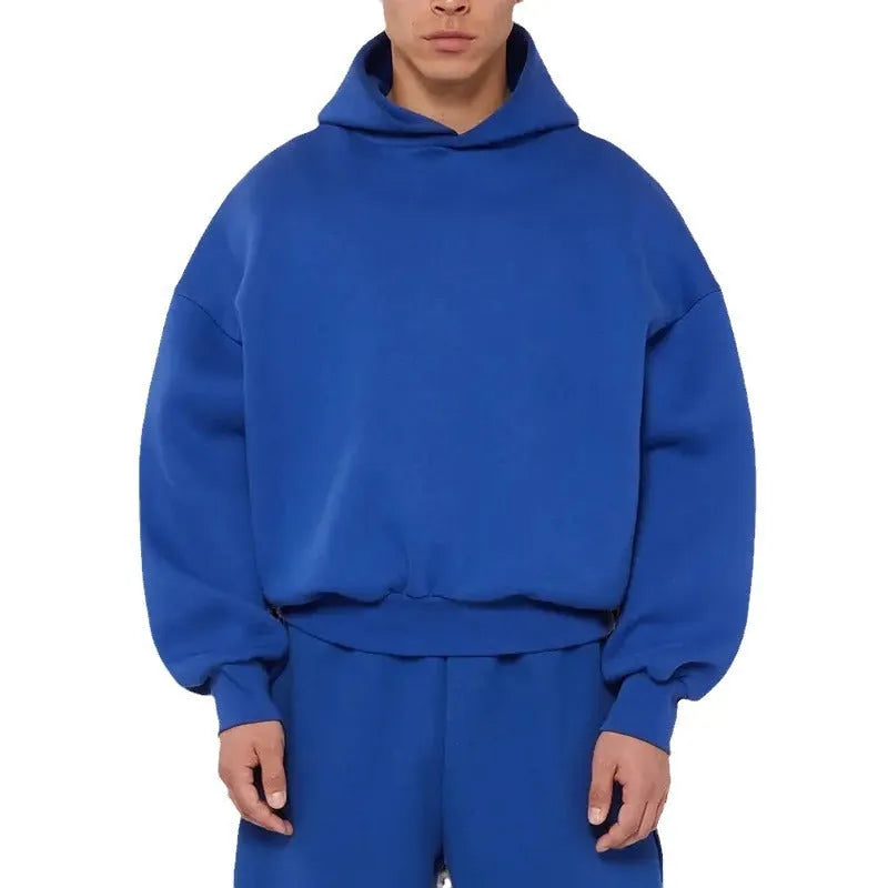 Men's fleece-lined cotton hoodie sweater in solid colour with wool lining and pullover design