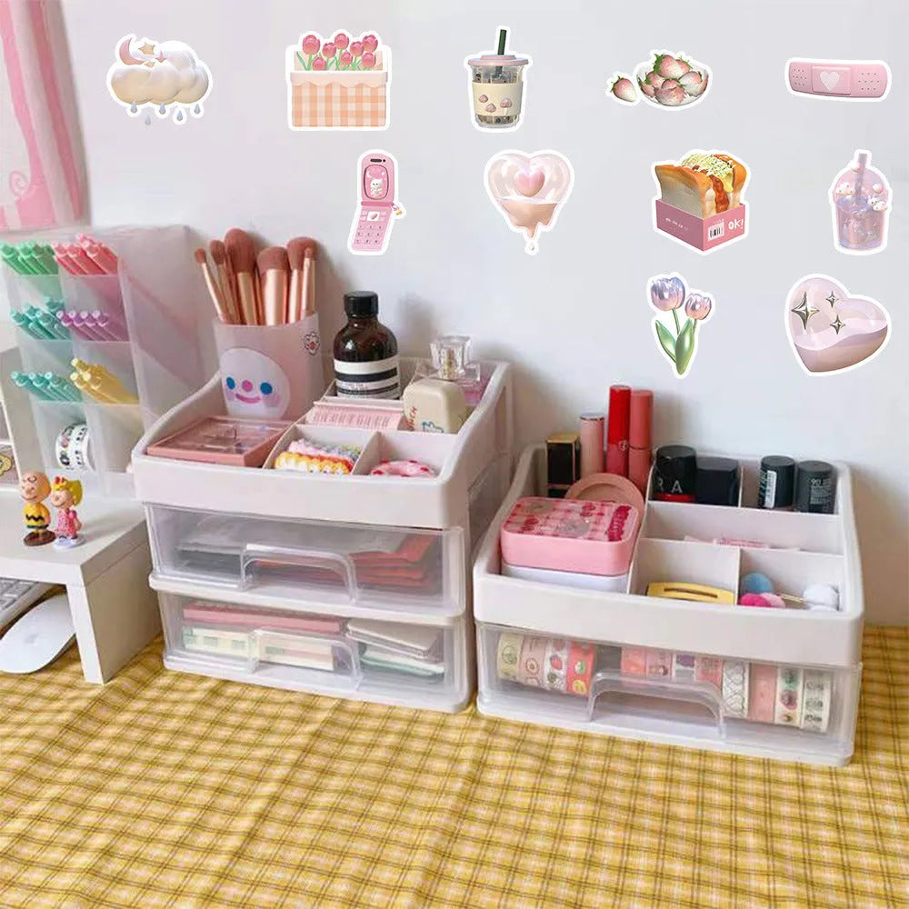 Pink girly heart decorative stickers pack with 63 pieces, showing 3D realistic effect in a cute style.