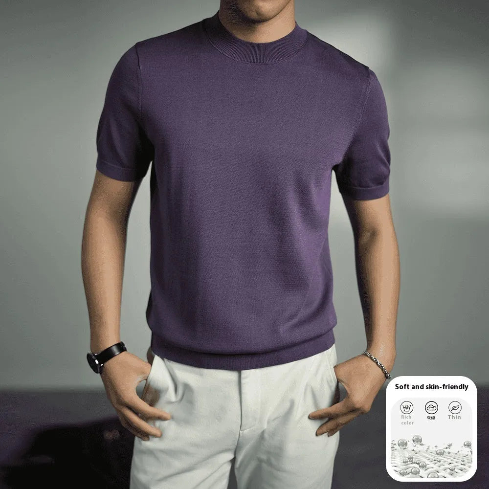 Men's knitted T-shirt in solid colours with round neck and short sleeves on size chart background