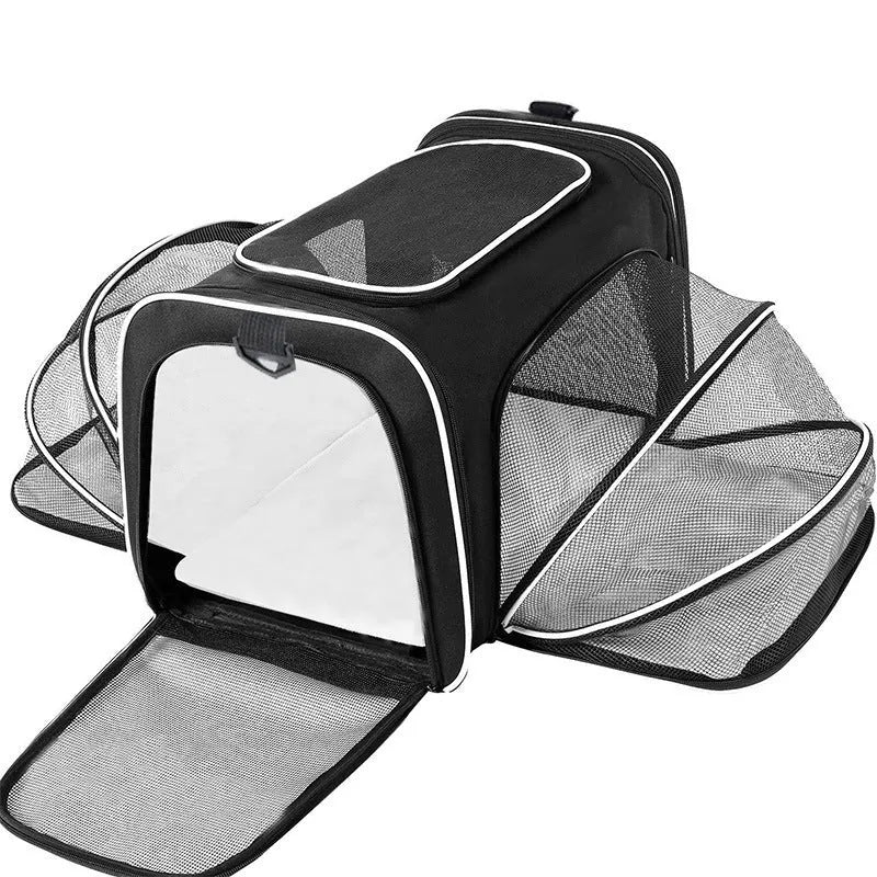 600D cationic polyester cat carrier bag in black with red piping, medium-soft construction
