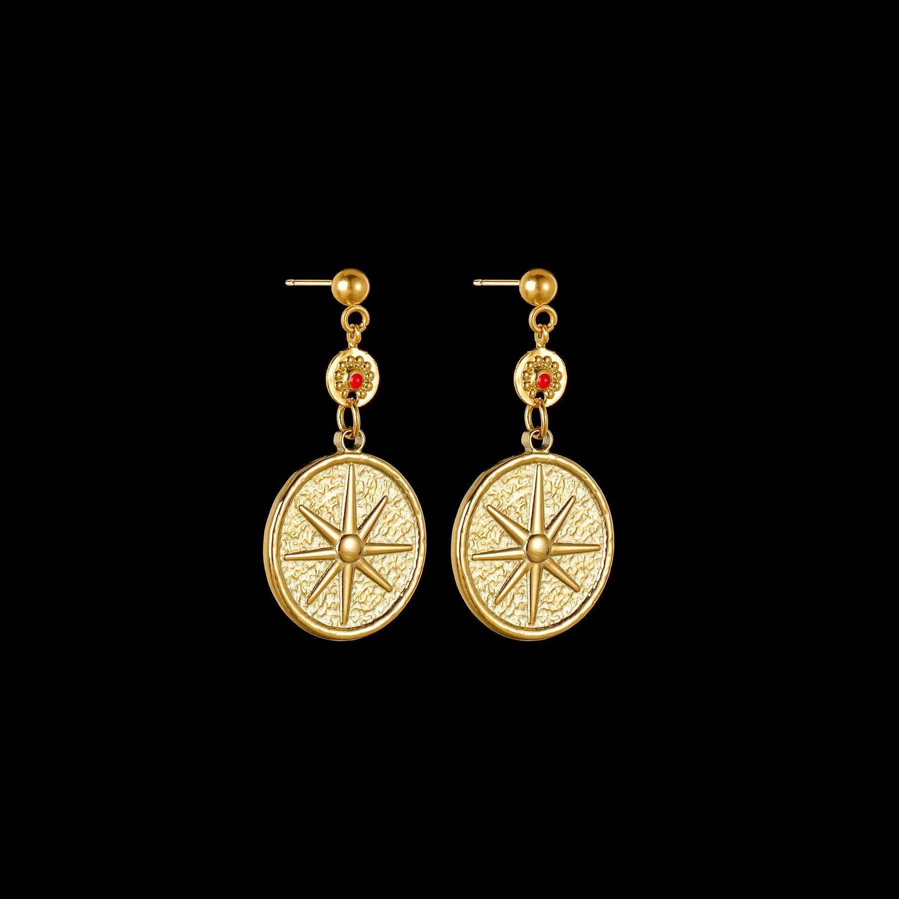 Three pairs of geometric stainless steel earrings showing Eight Awn Star, Eye, and Shell Sun designs