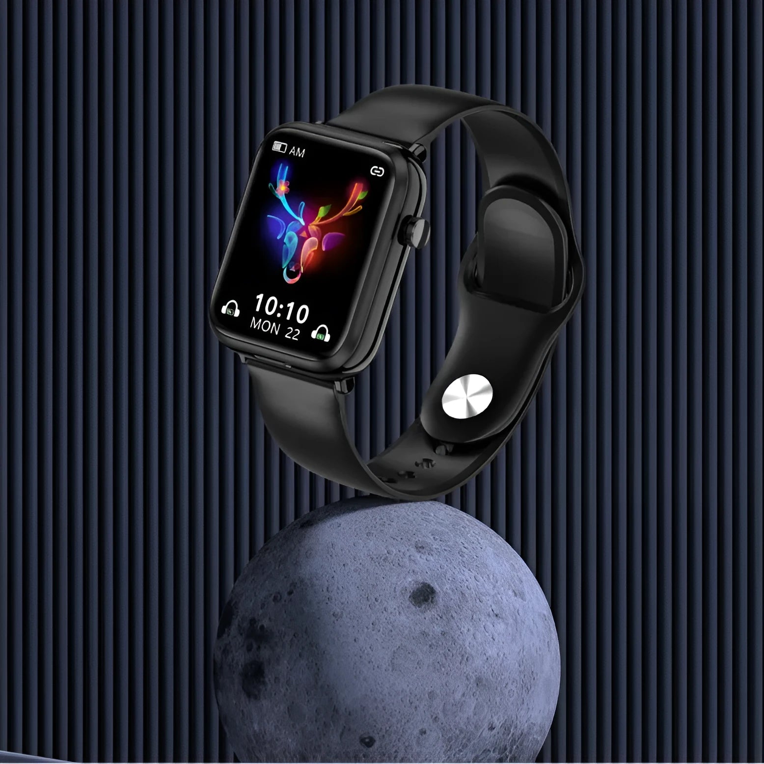 Black smartwatch with touch display and separate Bluetooth earpieces showing heart rate monitoring and call functions