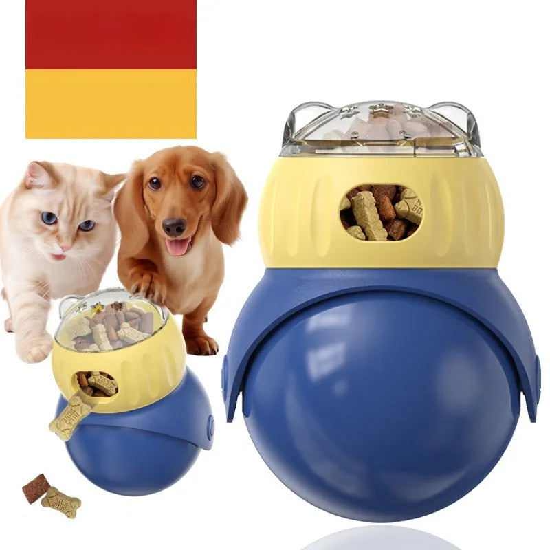 Owl-shaped self-service puzzle feeder toy for cats in Morandi yellow and blue colours.