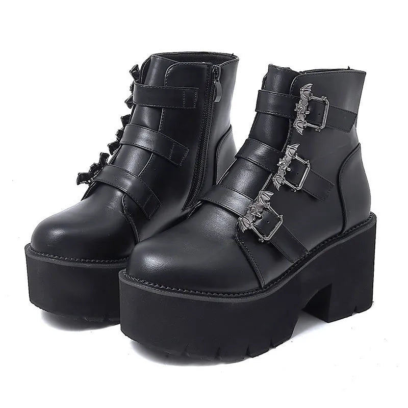 Black women's Harajuku punk gothic short boots with bat buckle, side zipper, thick heel, and round toe.