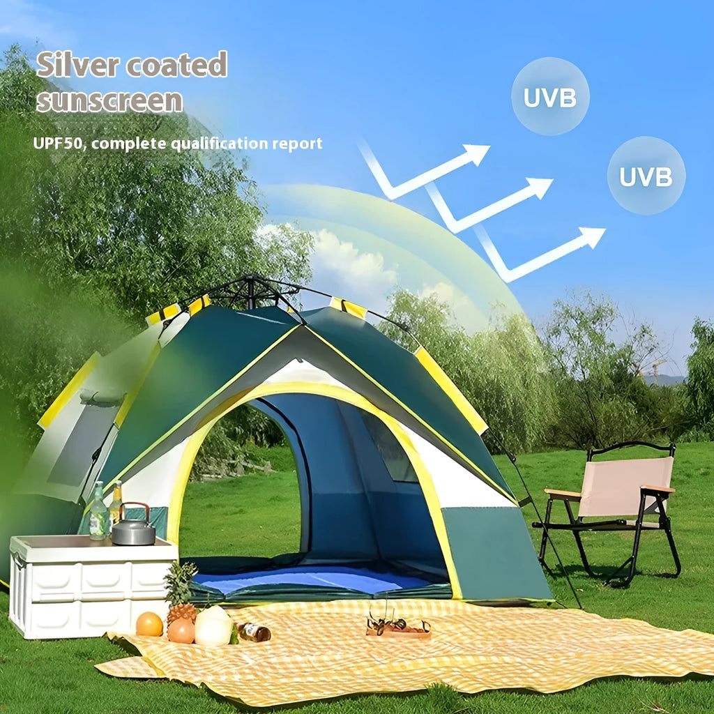 Dark green silver glue automatic camping tent for 3-4 people with quick open setup.