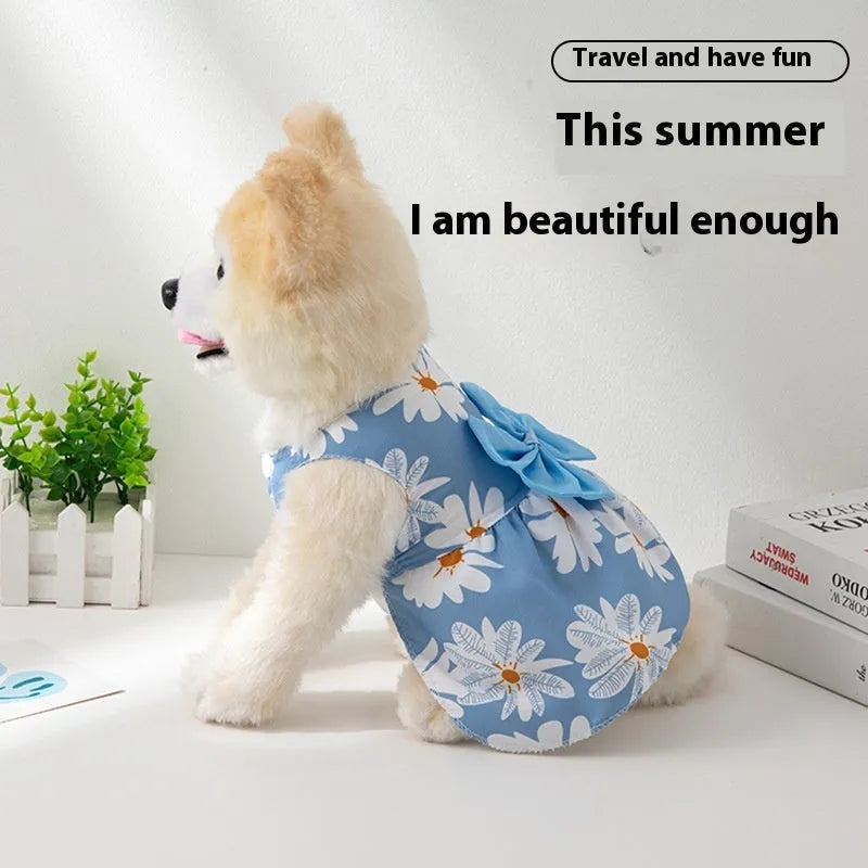 Ultra-thin summer pet dress with floral butterfly knot bow on dog model