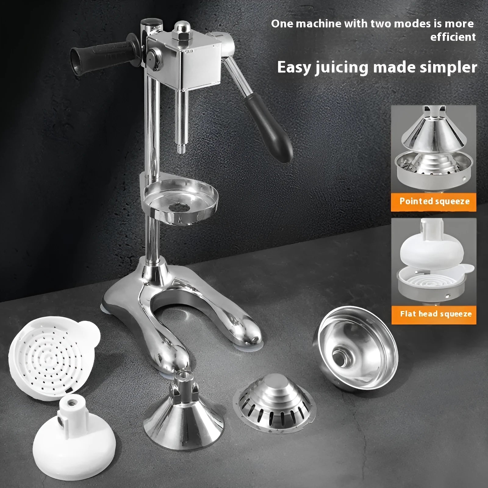 Vertical stainless steel manual juicer on zinc alloy base, showing colour and head style options.