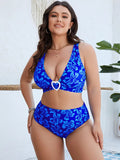 Blue floral print split bikini swimsuit set for women with Asian sizing options