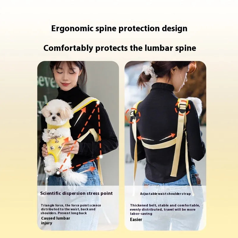Canvas cat carrier bag with yellow bear cartoon pattern and colourful stitching in S, M, L, XL sizes