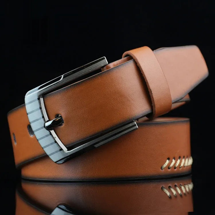 Men's retro style casual belt with pin buckle and pattern detail on imitation leather strap.