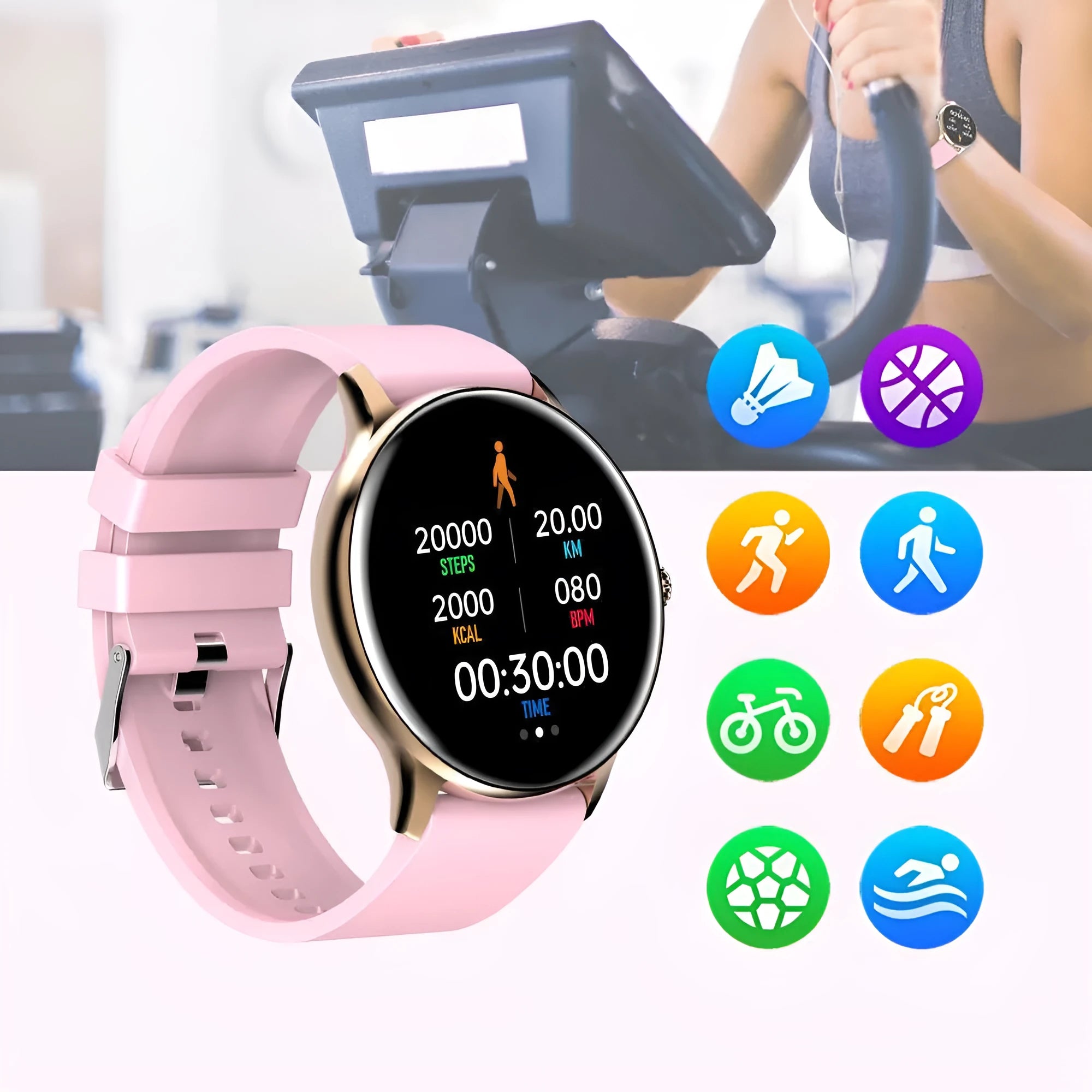 Smart sports watch with circular display for blood pressure monitoring on silicone wristband