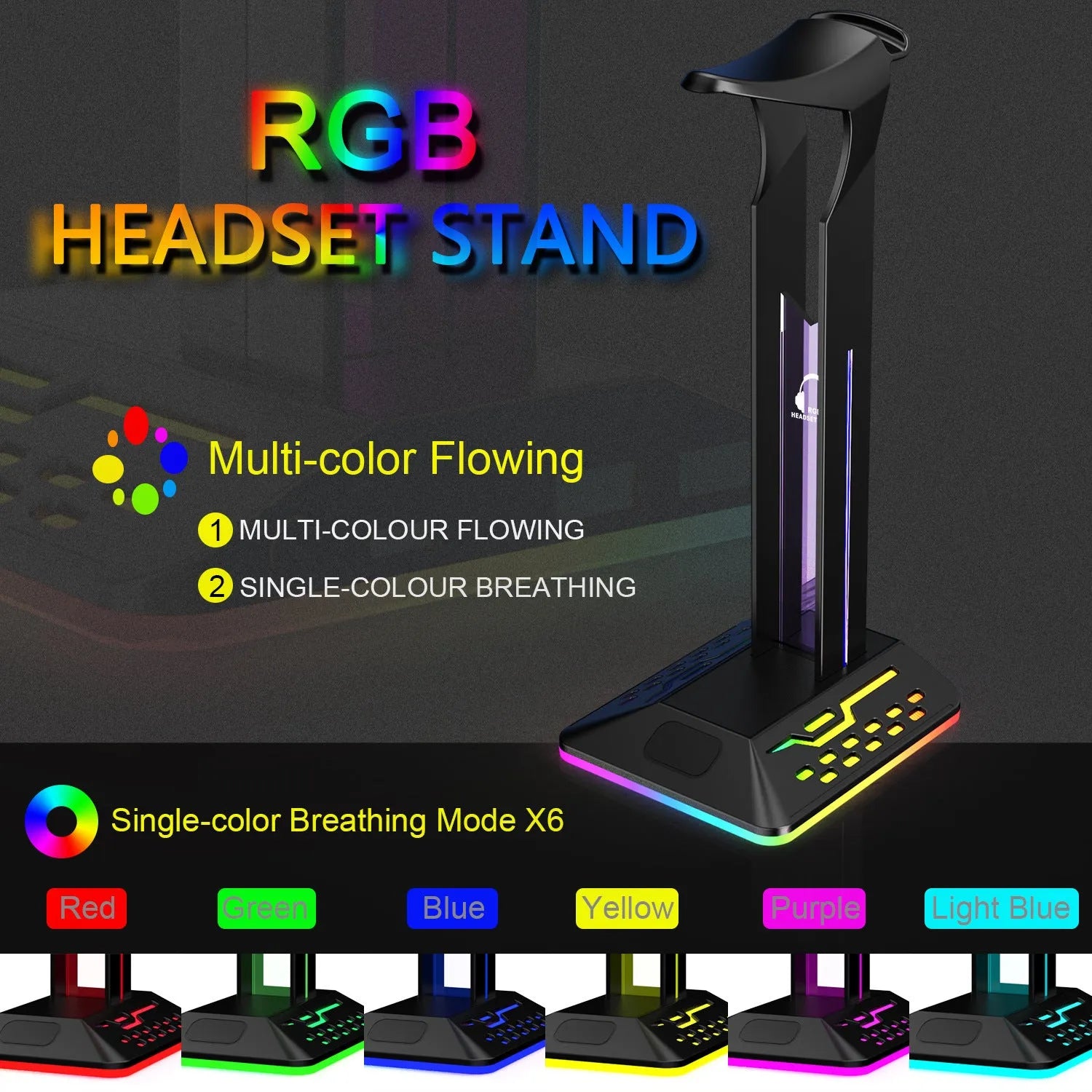 Acrylic RGB headset display stand with dual USB ports and colour-changing lights, holding a pair of headphones.