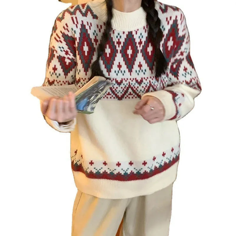 Retro striped pullover knitted top with long sleeves in loose straight cut design