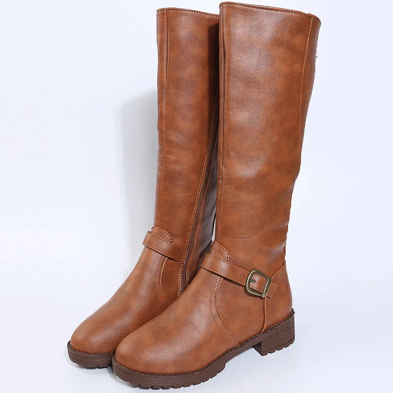 Women's black knight high boots with a square heel, round toe, and a belt buckle detail on the upper.