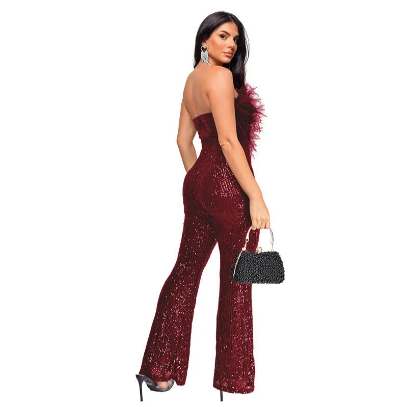 Women's sleeveless backless evening jumpsuit with flared legs and sequin collar detail