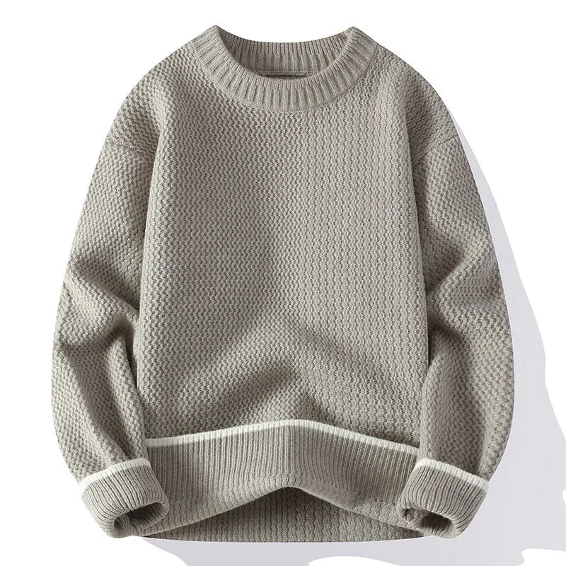 Men's loose fit round neck sweater in a chemical fibre blend, shown in grey, white, black, and khaki colours.