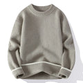 Men's loose fit round neck sweater in a chemical fibre blend, shown in grey, white, black, and khaki colours.