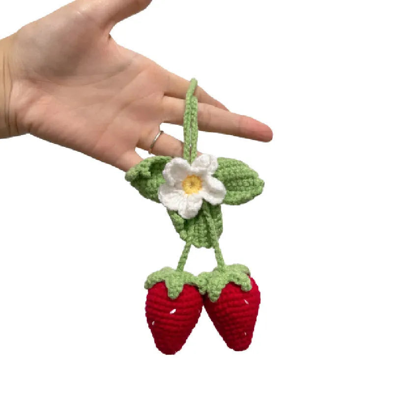 Handmade strawberry-shaped car pendant woven from cotton and hemp with Lily of the Valley hook knitting wool technique
