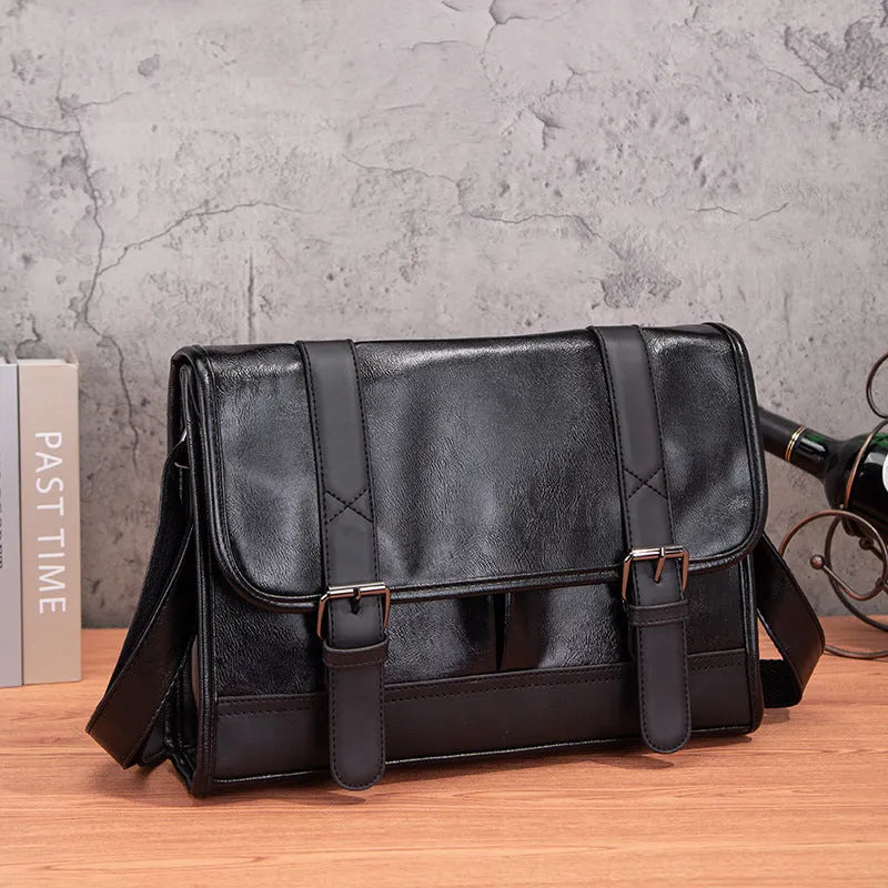 Black Korean style men's anti-theft commuter backpack with PU material and sewing thread design