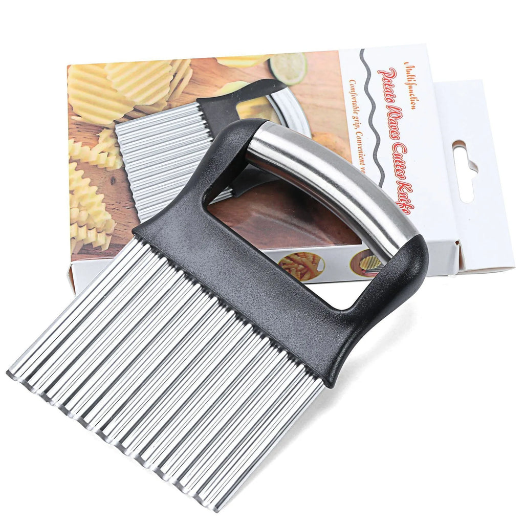 Stainless steel potato wave knife with serrated blade on a kitchen counter.