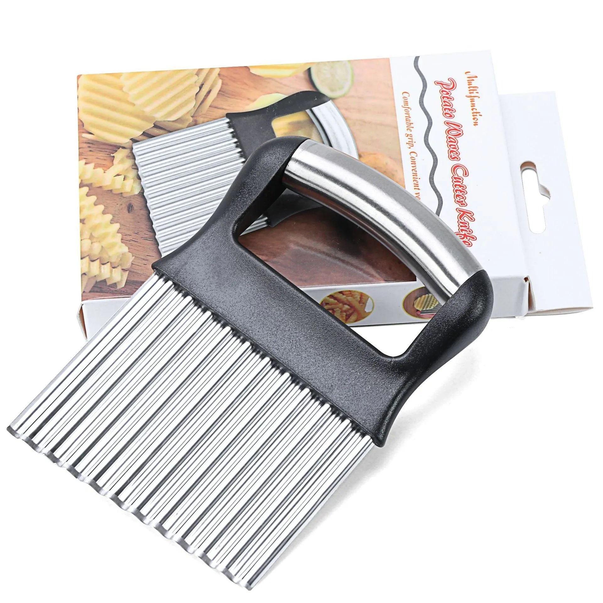 Stainless steel potato wave knife with serrated blade on a kitchen counter.