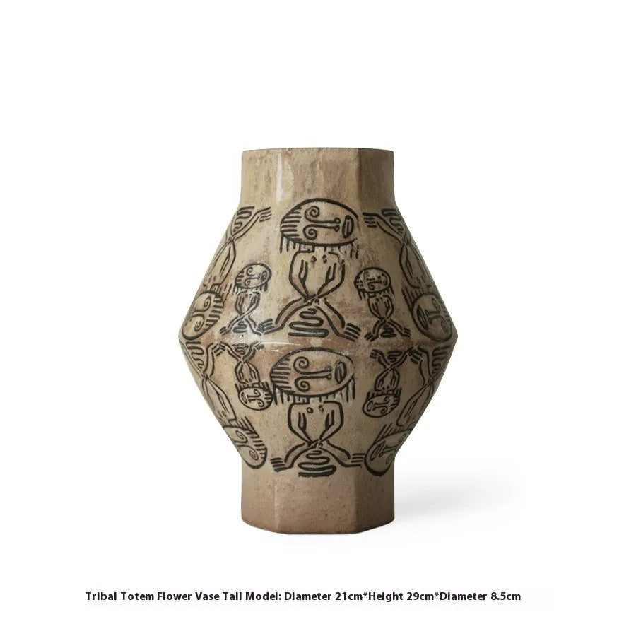 Hand-painted ceramic vase with carved tribal totem flower pattern in cylindrical shape