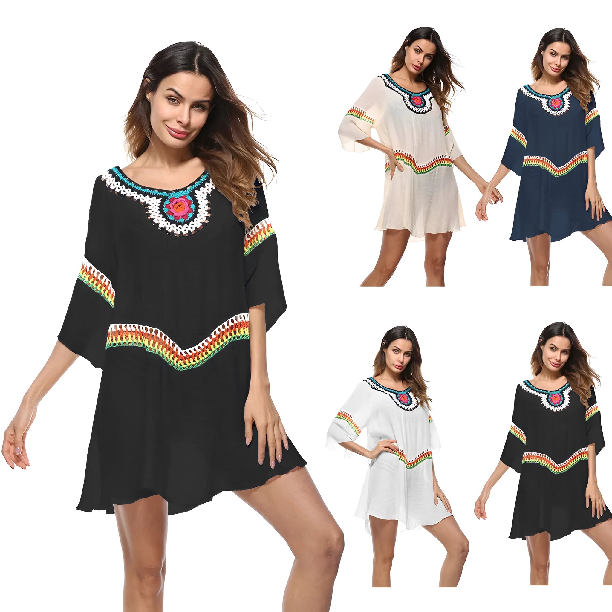 Crocheted ethnic style beach sun protection clothing for women in white, black, blue or apricot