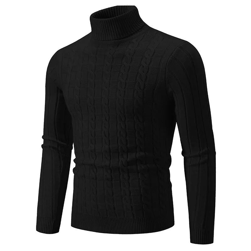 Man wearing a slim fit beige chenille turtleneck pullover sweater