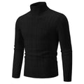 Man wearing a slim fit beige chenille turtleneck pullover sweater