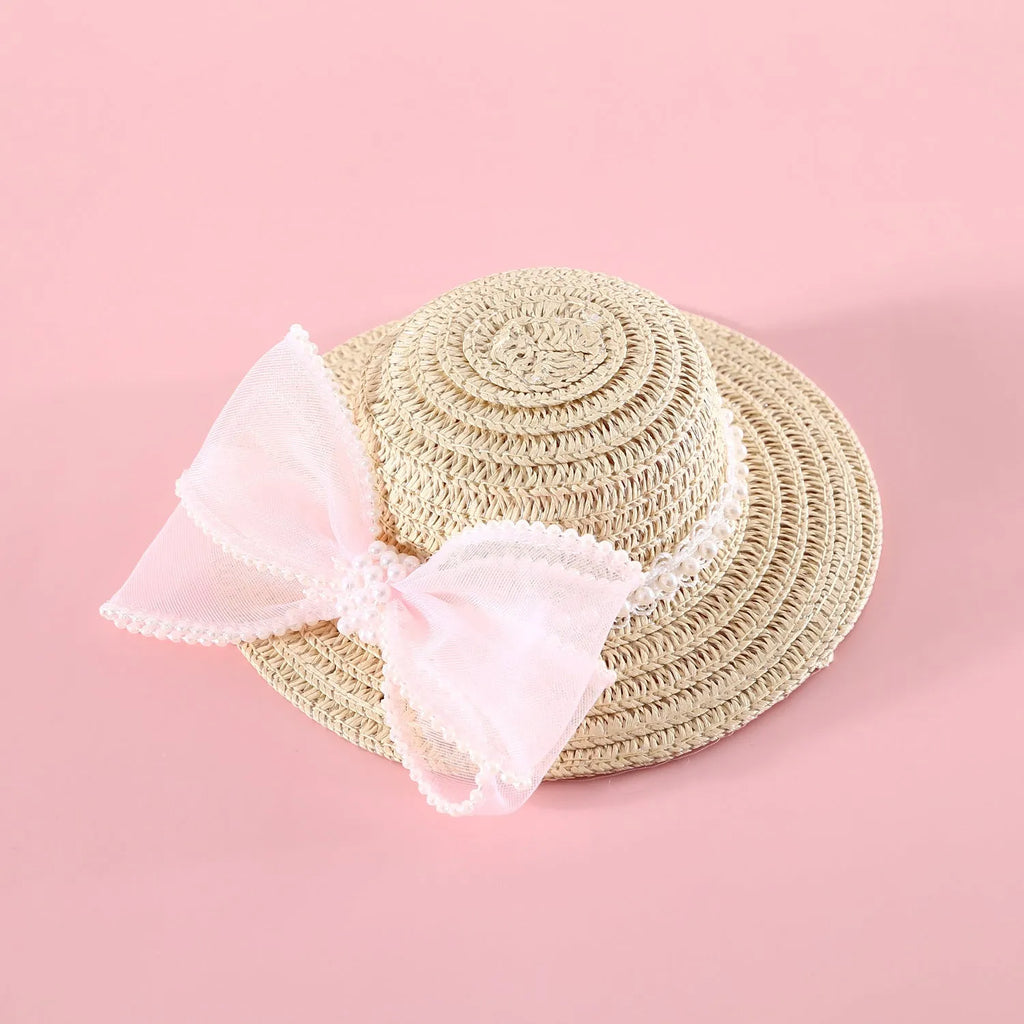 Princess-style cat hat with decorative pearl butterfly bow, woven from Lafite leaves.