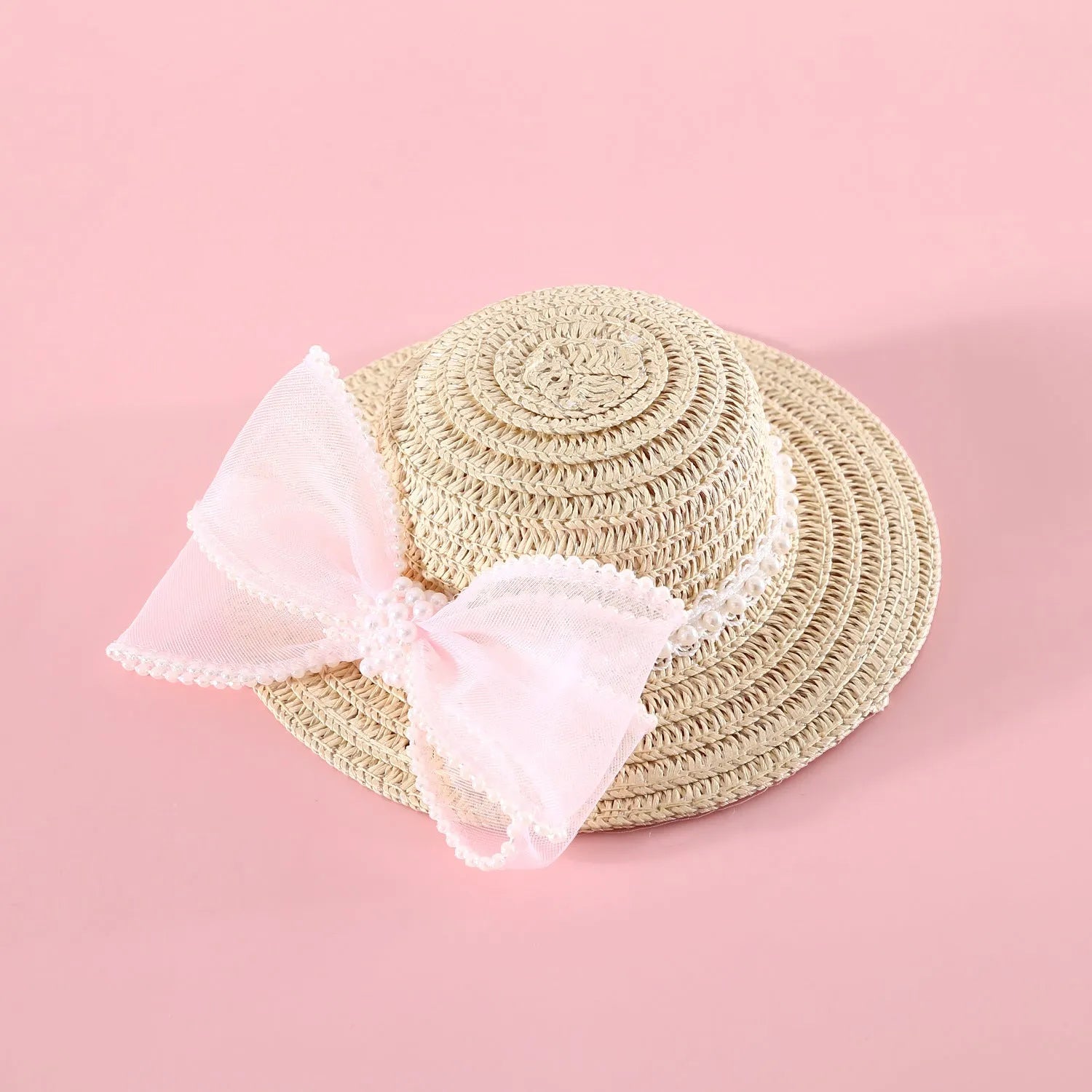 Princess-style cat hat with decorative pearl butterfly bow, woven from Lafite leaves.