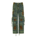 Loose fit cargo denim trousers with multiple gradient colour pockets and collage stitching details