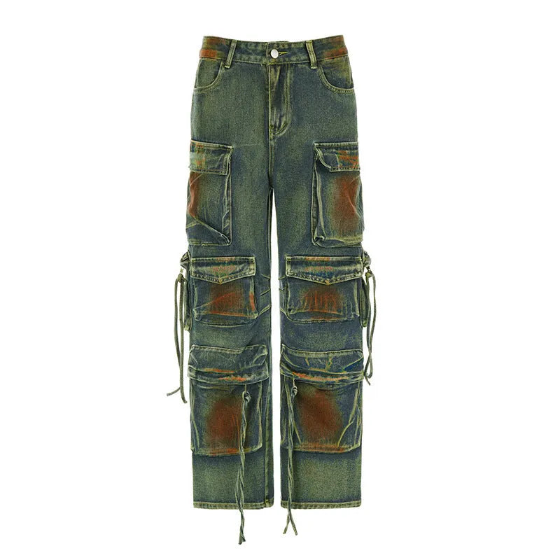 Loose fit cargo denim trousers with multiple gradient colour pockets and collage stitching details