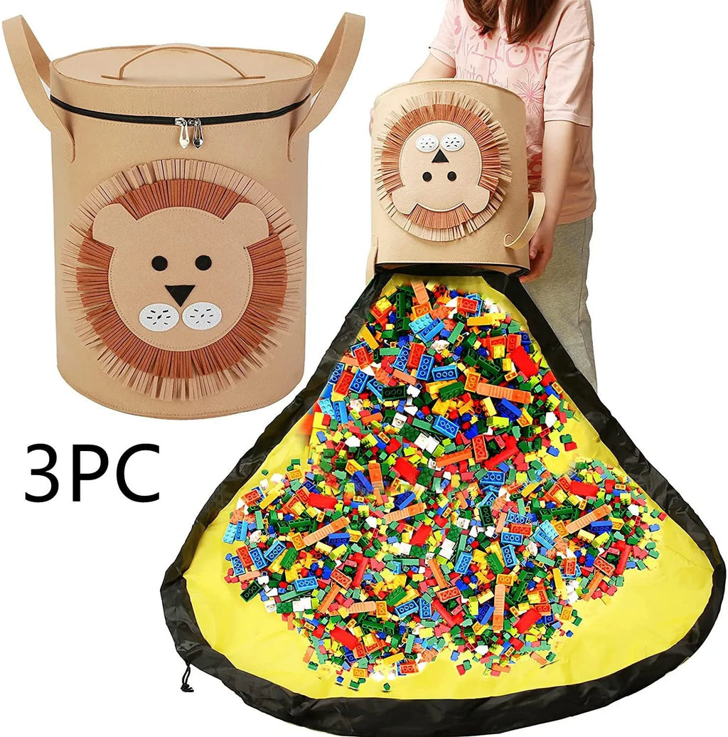 Green felt cube storage bag with pull rope shown as both toy container and play mat