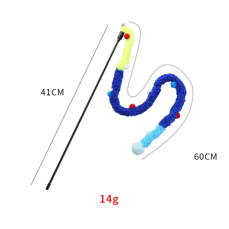 Blue green pink plush strip cat wand toy with bell on 41cm pole