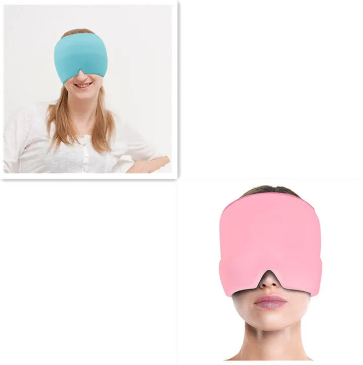 Black elastic cloth gel cold therapy eye mask for headache relief on grey background.
