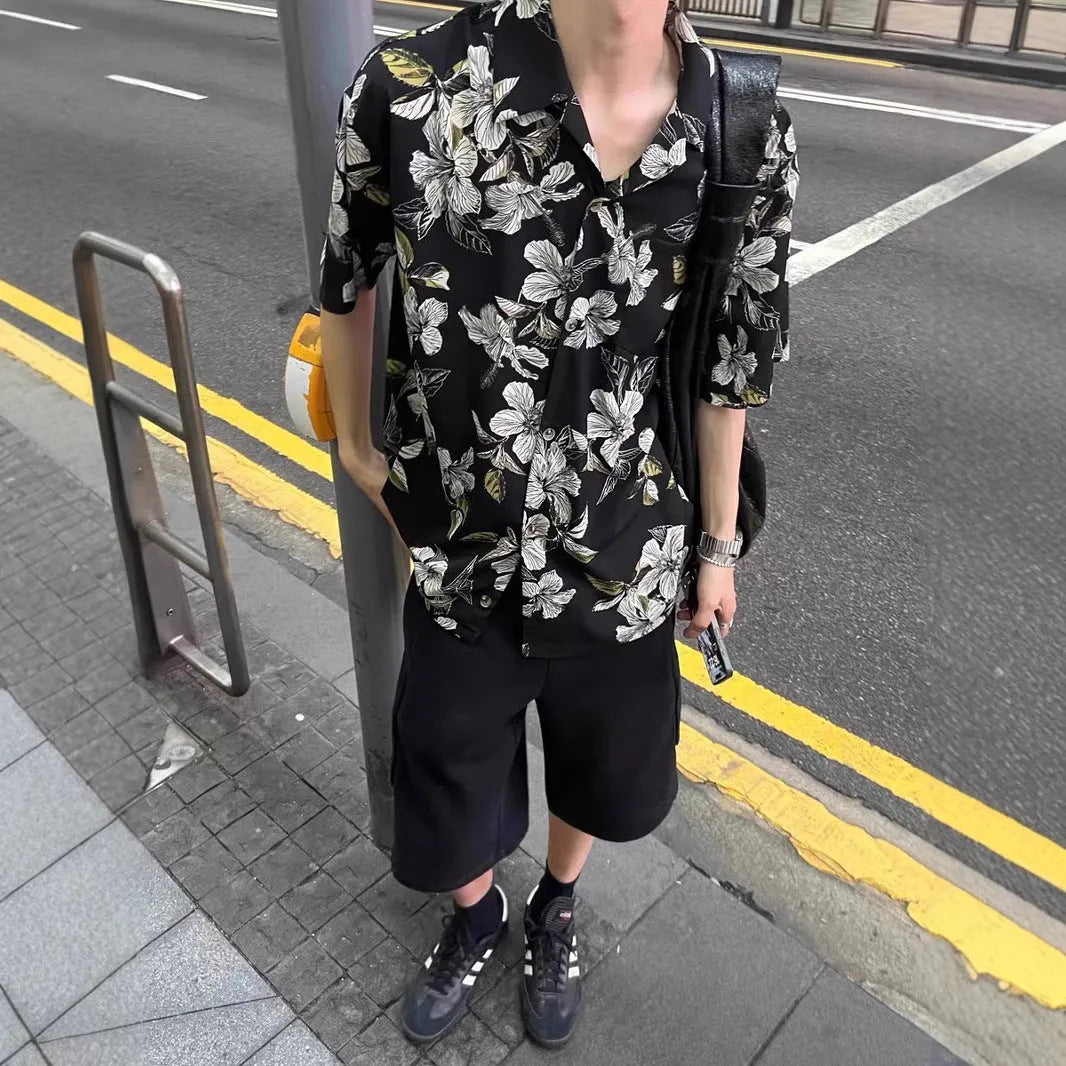 Men's black ice silk shirt with Cuban collar and flower pattern for summer casual wear