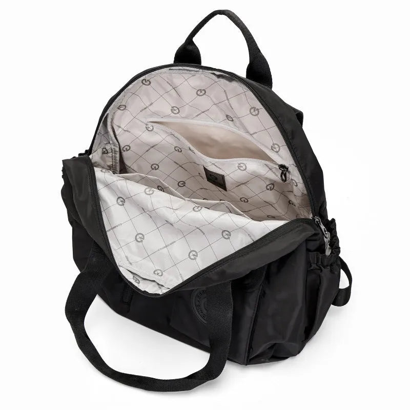 Outdoor backpack showing 48cm height dimensions with nylon material and organisational pockets