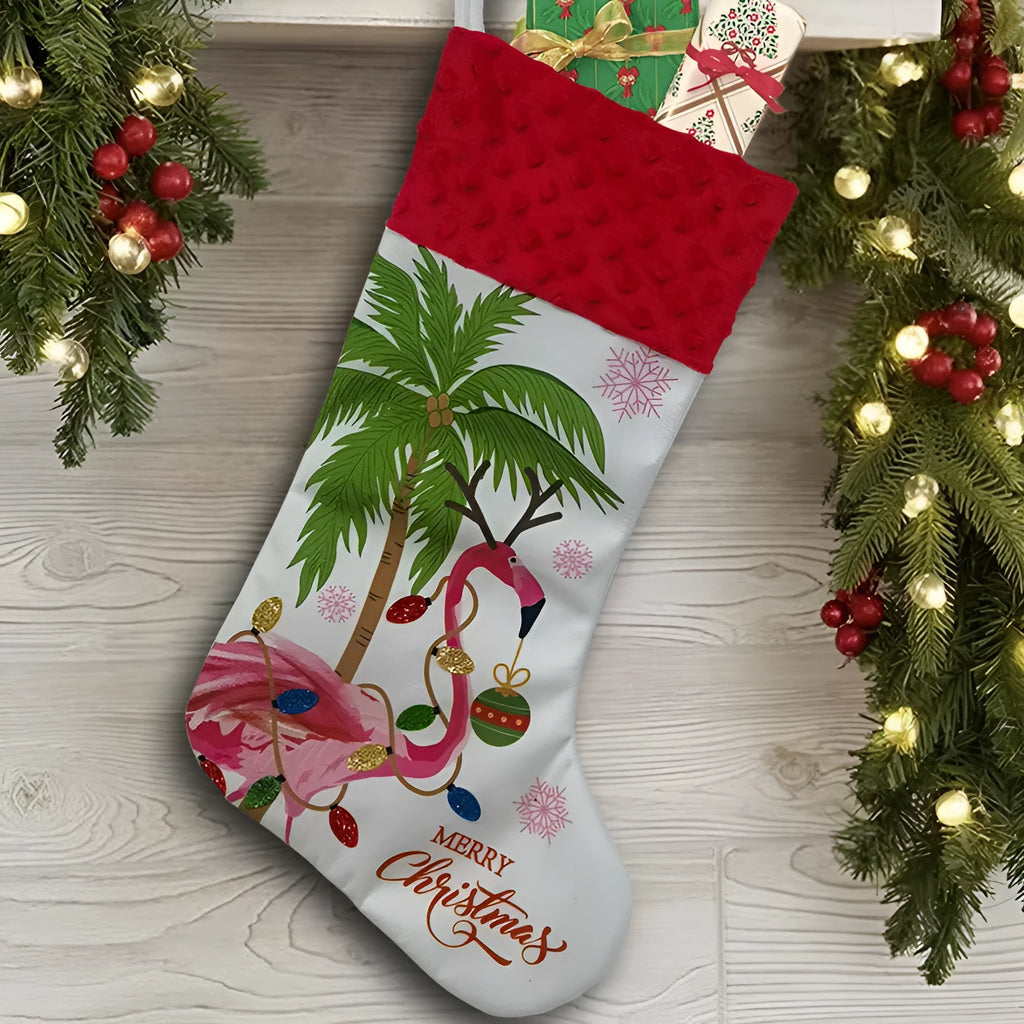 Flamingo-themed cloth Christmas stocking measuring 46 by 28 centimetres