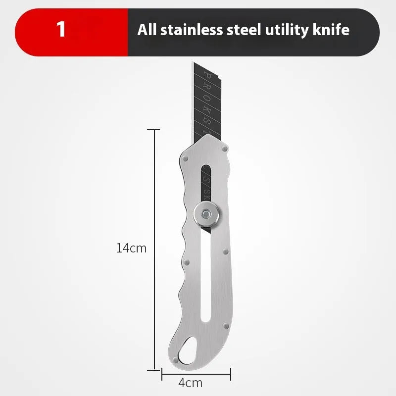 Stainless steel folding utility art knife with black blade and included long and trapezoidal blades