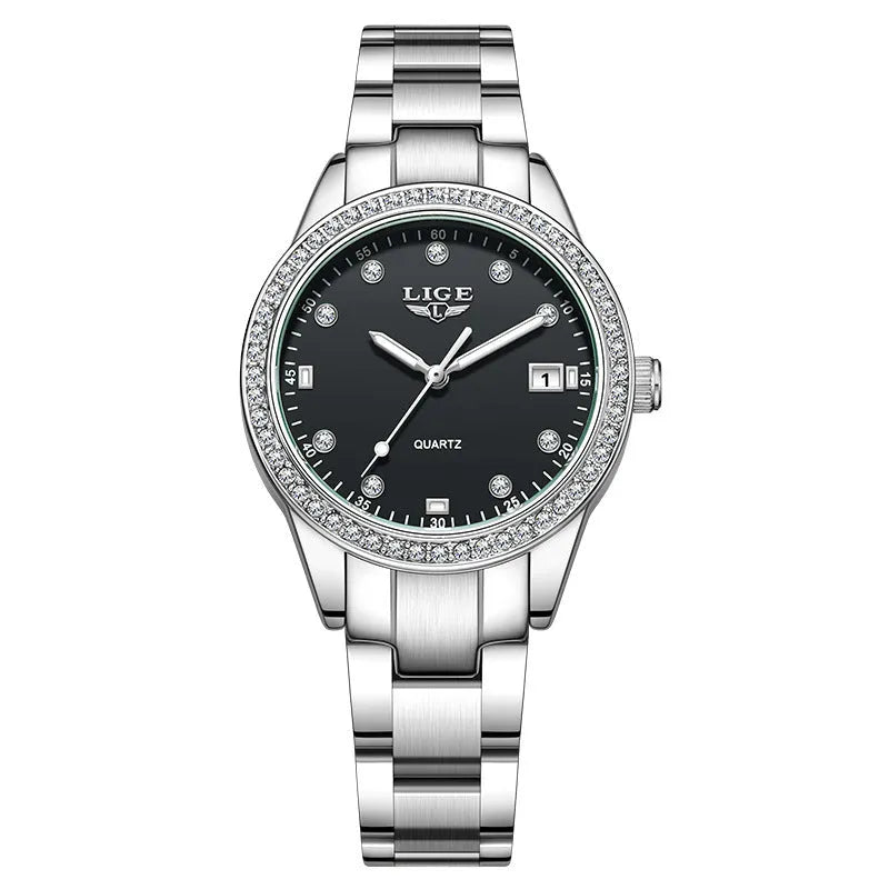 Silver stainless steel women's quartz watch with diamond markers and round dial
