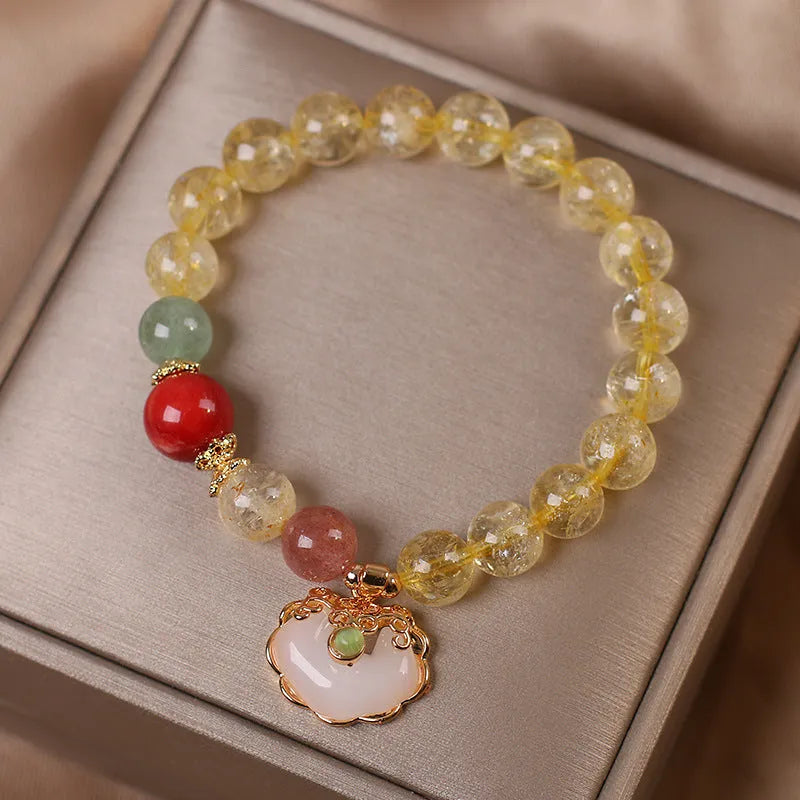 Women's natural citrine jade Ruyi pendant bracelet with yellow hair crystal jade accent on alloy chain