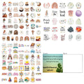 Assortment of colourful printed graffiti stickers from a 50-piece set for decoration.