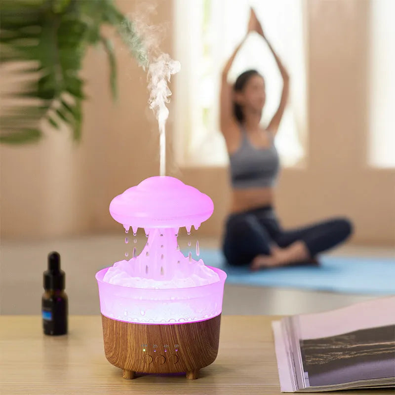 Wood grain white rain cloud shaped ultrasonic humidifier and essential oil diffuser with LED night lights.