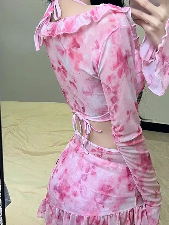 Women's cherry blossom pink floral bikini swimsuit with polyester fabric