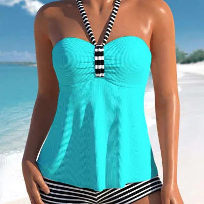 Women's off-shoulder swimsuit in black and white stripes with briefs style