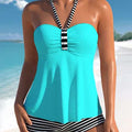 Women's off-shoulder swimsuit in black and white stripes with briefs style