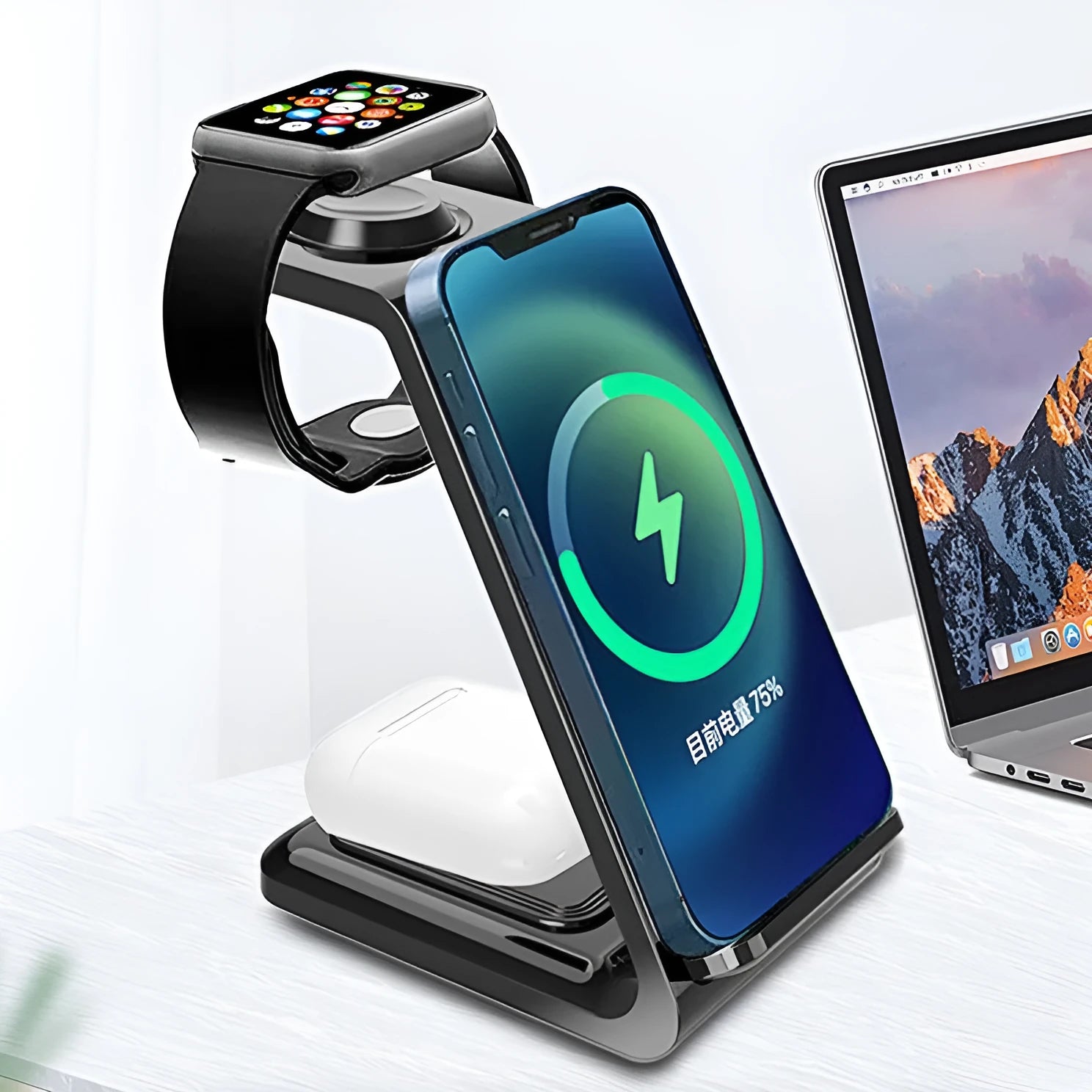 Black and white upright wireless phone charger with dual coil QC3.0 charging on desk